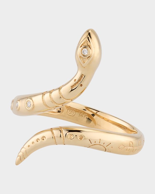 14K Yellow Gold Wrap Snake Ring with Diamonds, Size